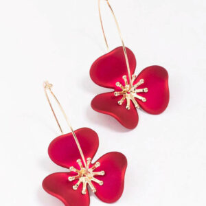 & Red Flower Wire Hoop Earrings