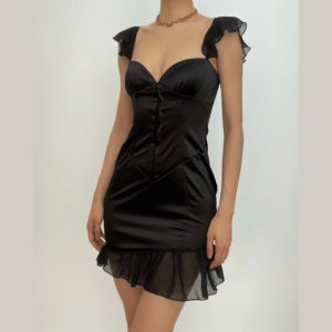 Solid ruched cap sleeve ruffle button mini dress