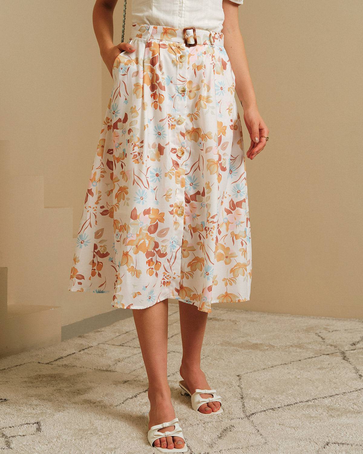The Button-Up Belted Floral Skirt