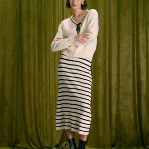 The Beige Elastic Waist Striped Knit Midi Skirt