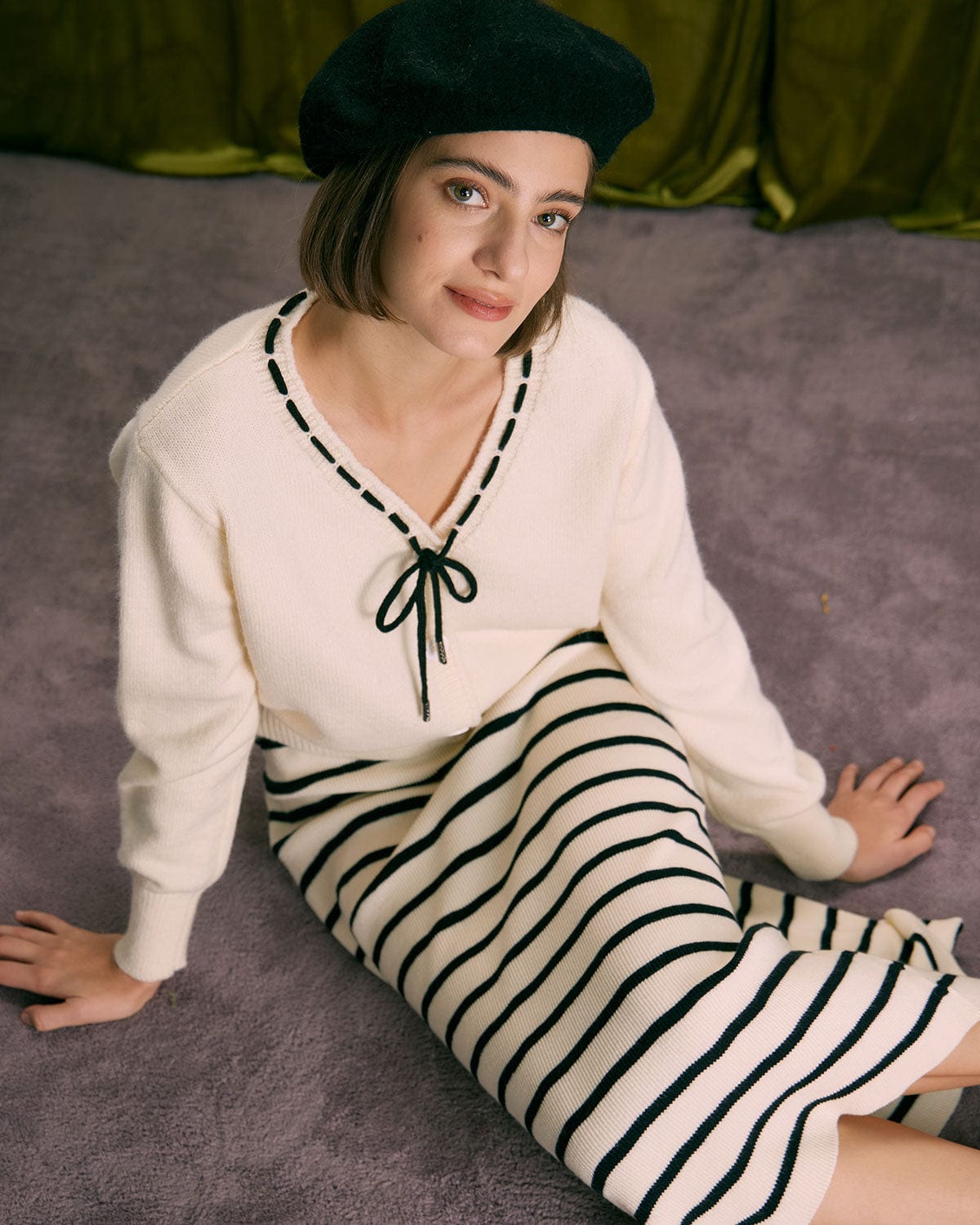 The Beige Elastic Waist Striped Knit Midi Skirt - Image 3