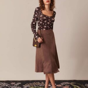 The Coffee High Waisted Split Hem Midi Skirt