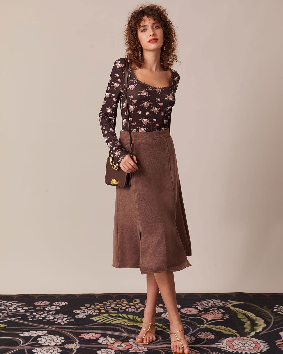 The Coffee High Waisted Split Hem Midi Skirt