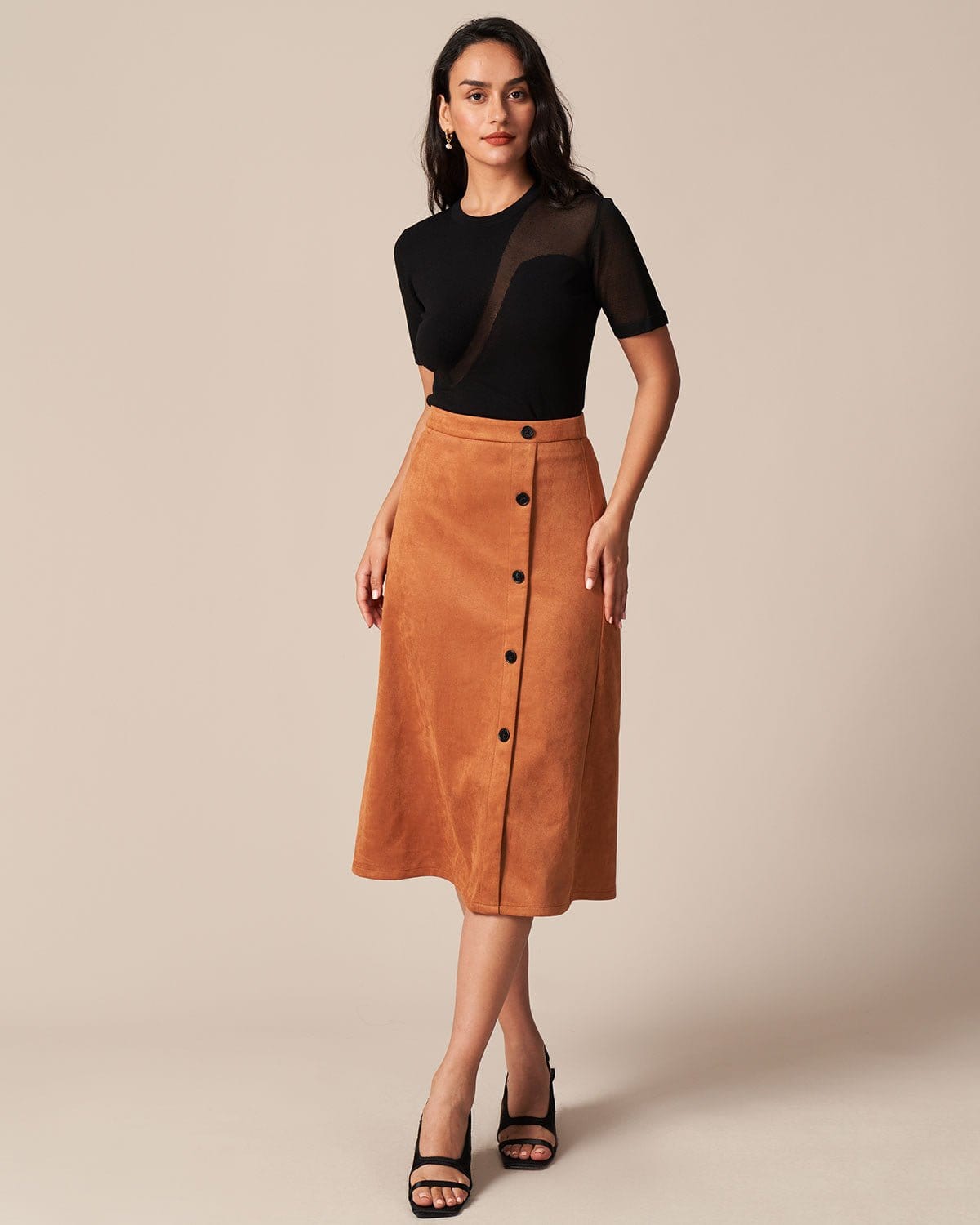 The Brown Single Breasted Suede Midi Skirt - Image 3