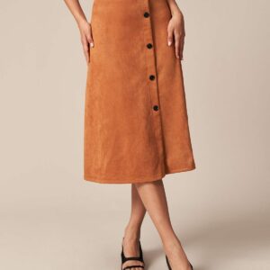The Brown Single Breasted Suede Midi Skirt