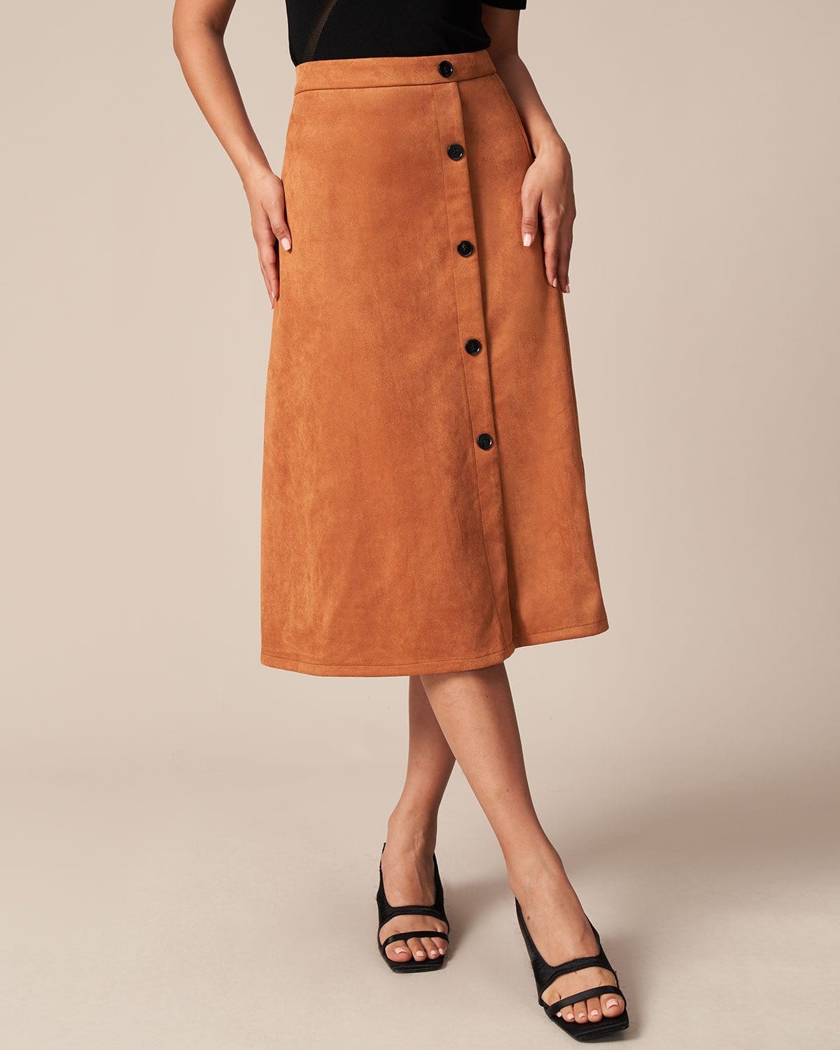 The Brown Single Breasted Suede Midi Skirt