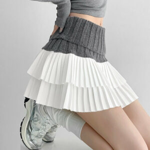 Knitted patchwork layer pleated skirt