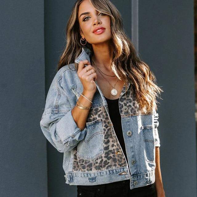 Bohemian Long Sleeve Leopard Print Denim Jacket - Image 3